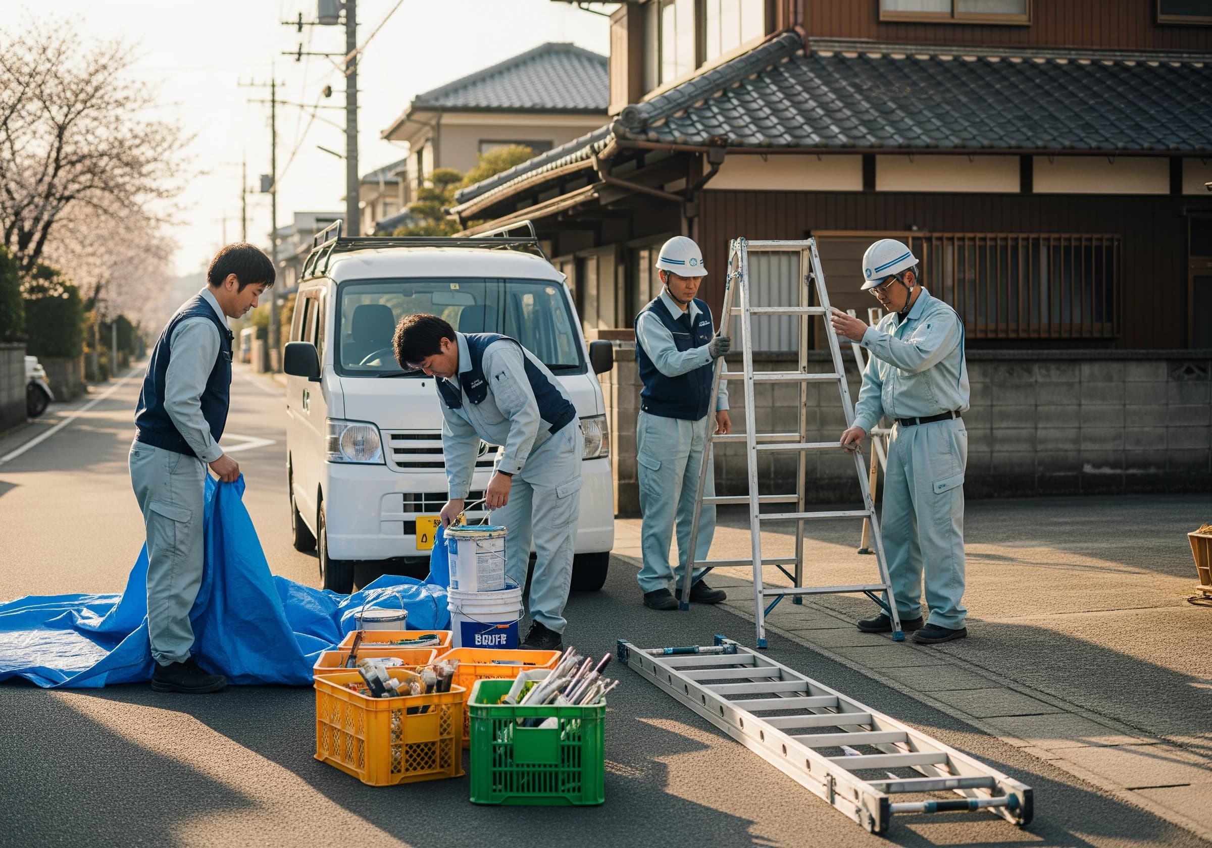 施工前の準備を行う塗装職人チーム