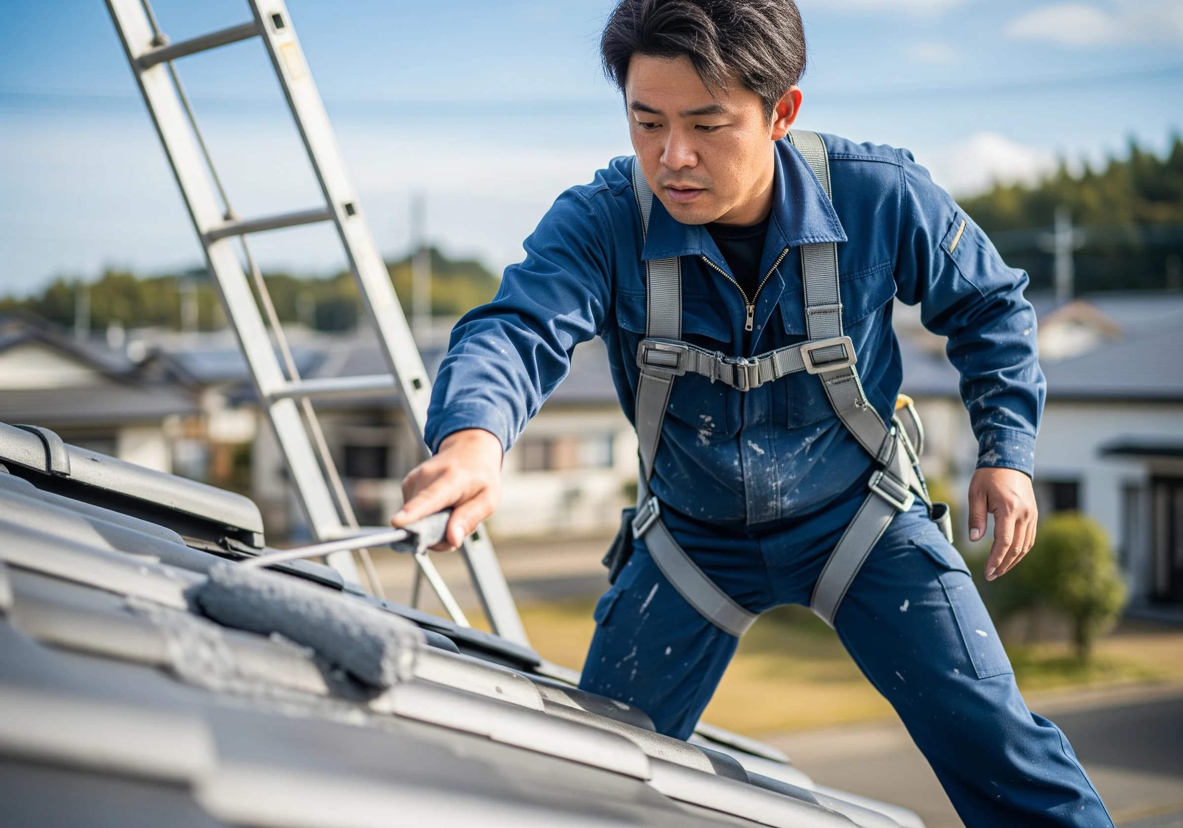 屋根に塗料を塗る職人